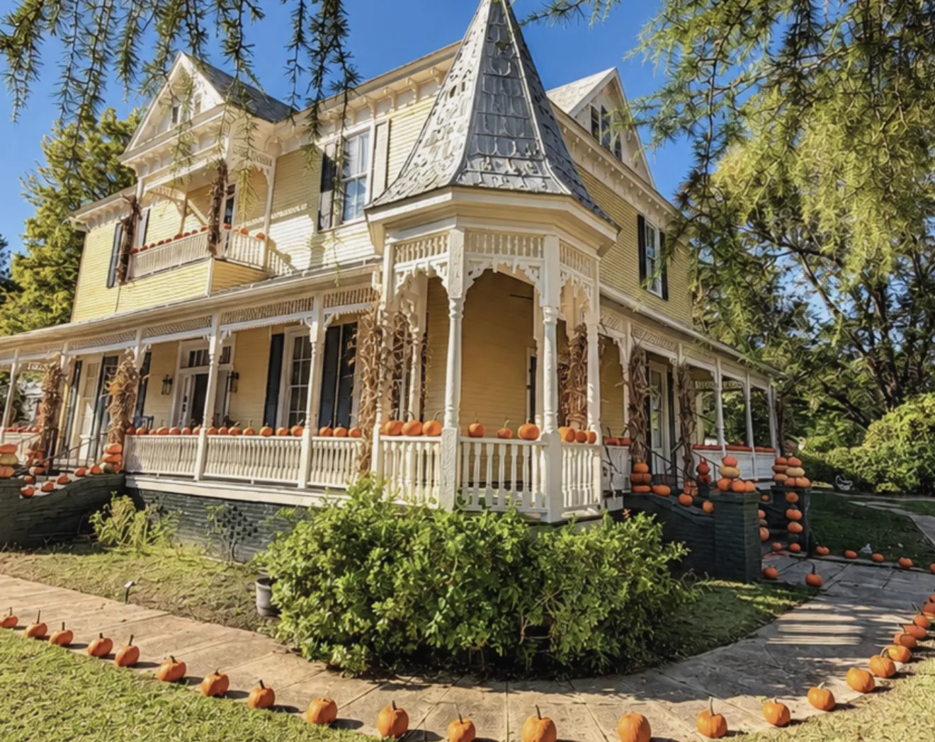 VanCleave Hall dressed for autumn, with pumpkins lining the walk and porch rail beneath the turret
