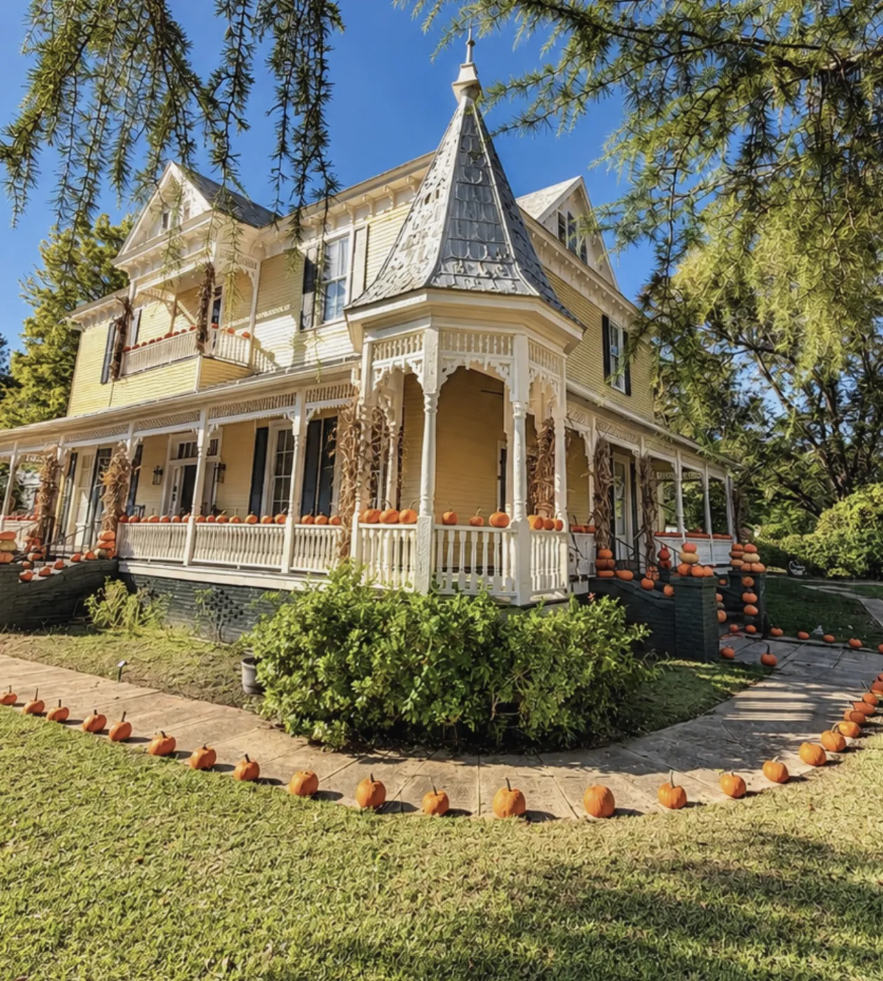 VanCleave Hall's turret and wraparound porch with a line of pumpkins curving along the front walk