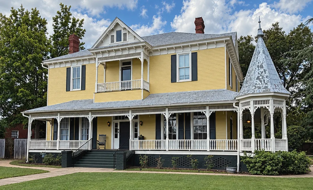 VanCleave Hall, the historic Scott-Hanna-Moore House in Marion, Alabama: a two-story butter-yellow Victorian with black shutters, an octagonal gazebo turret and a white gingerbread wraparound porch