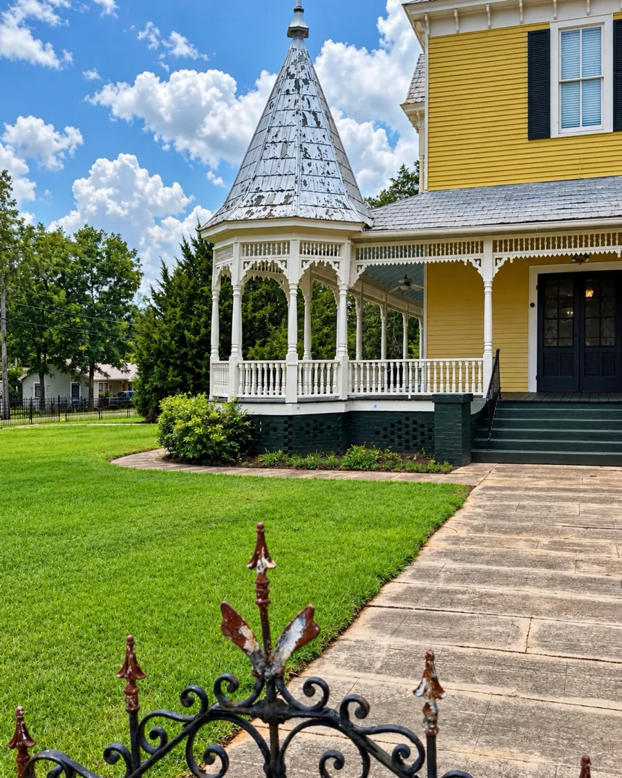 The front walk past a wrought-iron gate to VanCleave Hall's turret and wraparound porch